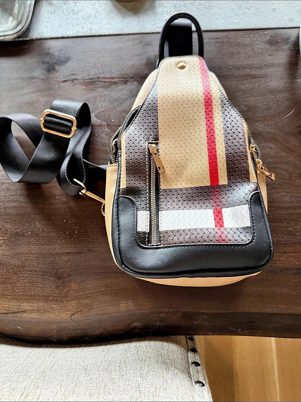 Tartan plaid Color Block Sling Backpack in Brown & Black